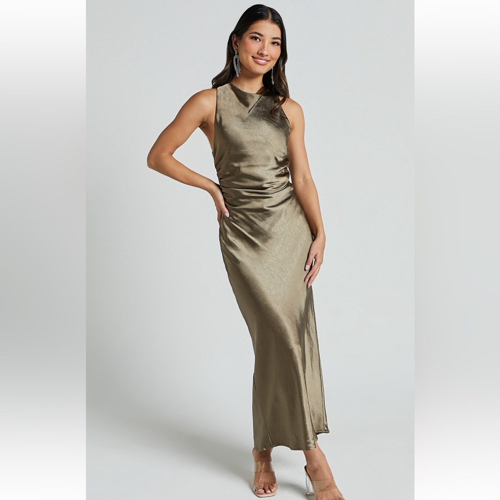 NWT Showpo. Aluna Midi Dress - High Neck Cross Back Satin Slip Dress in Olive 6